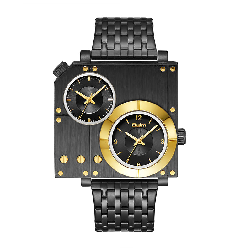 Oulm HT5024 Live Edition Men's Tactical Watch - Cyberpunk Multi Time Zone Dual Movement Rectangle Armor Case Metal Band Sport Wristwatch