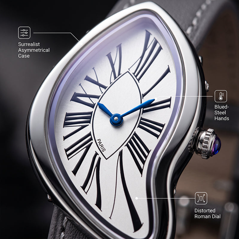 HT9175 Live Edition Women's Surrealist Melted Crash Quartz Watch - 40x22mm Silver Case Asymmetric Dial Leather Band Wristwatch