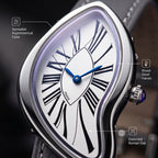 HT9175 Live Edition Women's Surrealist Melted Crash Quartz Watch - 40x22mm Silver Case Asymmetric Dial Leather Band Wristwatch
