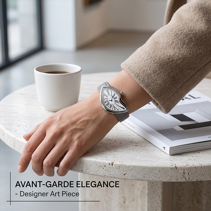 HT9175 Live Edition Women's Surrealist Melted Crash Quartz Watch - 40x22mm Silver Case Asymmetric Dial Leather Band Wristwatch
