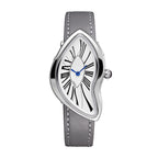 HT9175 Live Edition Women's Surrealist Melted Crash Quartz Watch - 40x22mm Silver Case Asymmetric Dial Leather Band Wristwatch