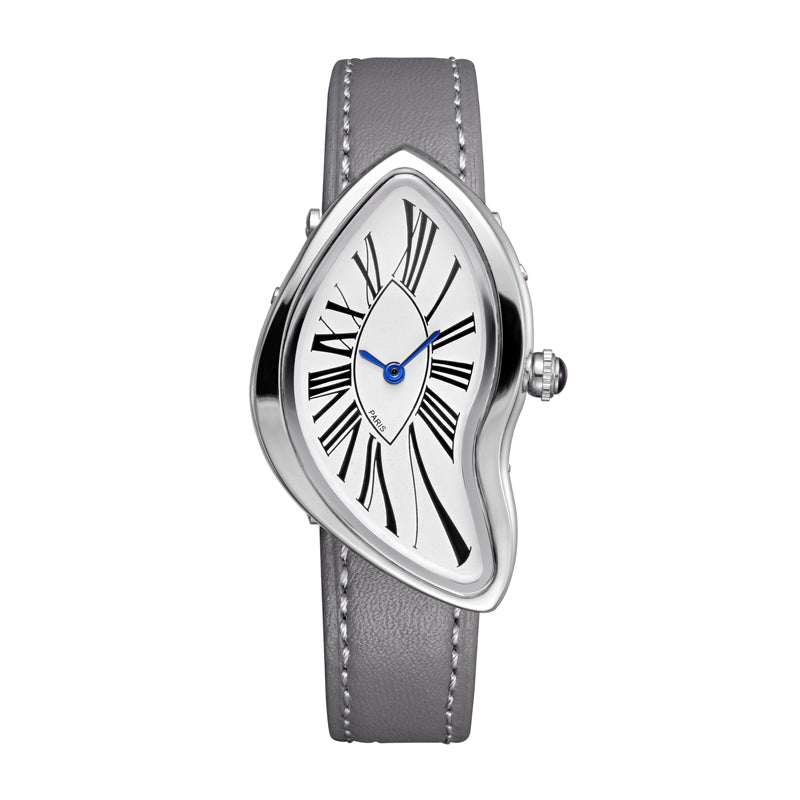 HT9175 Live Edition Women's Surrealist Melted Crash Quartz Watch - 40x22mm Silver Case Asymmetric Dial Leather Band Wristwatch
