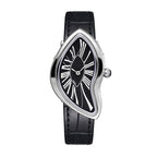 HT9175 Live Edition Women's Surrealist Melted Crash Quartz Watch - 40x22mm Silver Case Asymmetric Dial Leather Band Wristwatch