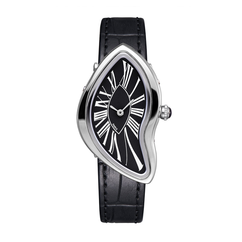 HT9175 Live Edition Women's Surrealist Melted Crash Quartz Watch - 40x22mm Silver Case Asymmetric Dial Leather Band Wristwatch