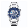 HOURSLY HY9111 Live Edition Men's Mechanical Skeleton Style Quartz Watch - 43mm Silver Case Offset Crown Blue Dial Stainless Steel Wristwatch