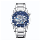 HOURSLY HY9111 Live Edition Men's Mechanical Skeleton Style Quartz Watch - 43mm Silver Case Offset Crown Blue Dial Stainless Steel Wristwatch