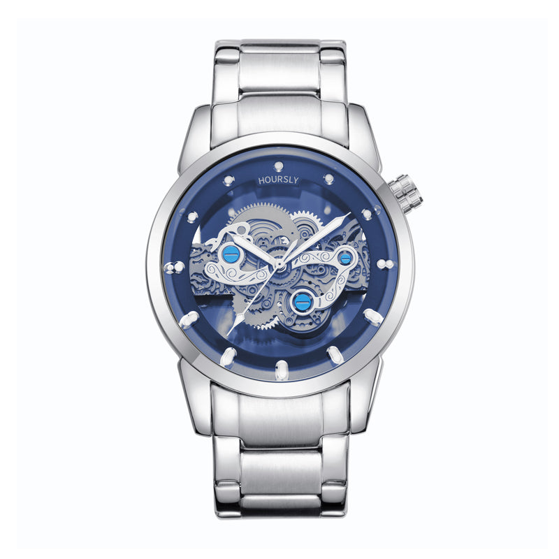 HOURSLY HY9111 Live Edition Men's Mechanical Skeleton Style Quartz Watch - 43mm Silver Case Offset Crown Blue Dial Stainless Steel Wristwatch