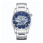 HOURSLY HY9111 Live Edition Men's Mechanical Skeleton Style Quartz Watch - 43mm Silver Case Offset Crown Blue Dial Stainless Steel Wristwatch