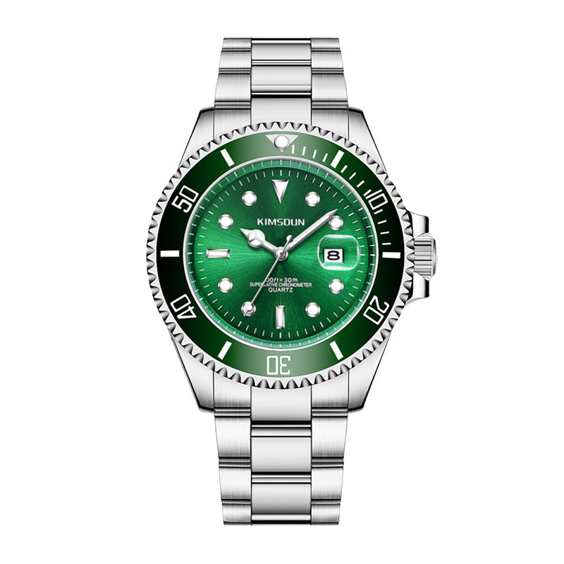 KIMSDUN JSD1022 Live Edition Men's Classic Diver Quartz Watch - 45mm Silver Case Cyclops Date Window Luminous Dial Metal Band Wristwatch