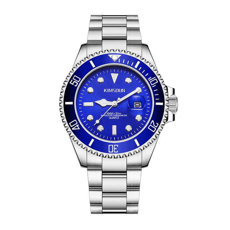 KIMSDUN JSD1022 Live Edition Men's Classic Diver Quartz Watch - 45mm Silver Case Cyclops Date Window Luminous Dial Metal Band Wristwatch
