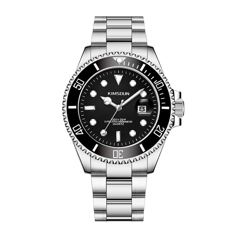 KIMSDUN JSD1022 Live Edition Men's Classic Diver Quartz Watch - 45mm Silver Case Cyclops Date Window Luminous Dial Metal Band Wristwatch