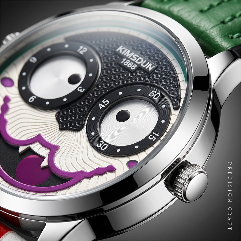 KIMSDUN JSD1212B Live Edition Men's Joker Face Dual Eye Quartz Watch - 42mm Silver Case Animated Discs Leather Band Wristwatch