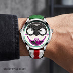 KIMSDUN JSD1212B Live Edition Men's Joker Face Dual Eye Quartz Watch - 42mm Silver Case Animated Discs Leather Band Wristwatch