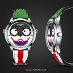 KIMSDUN JSD1212B Live Edition Men's Joker Face Dual Eye Quartz Watch - 42mm Silver Case Animated Discs Leather Band Wristwatch