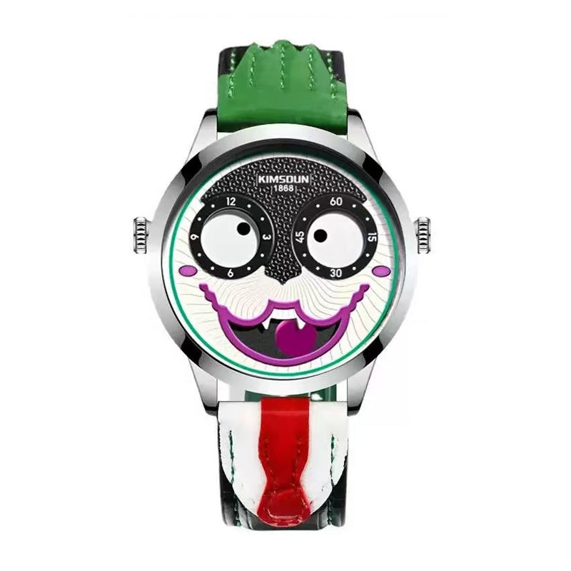 KIMSDUN JSD1212B Live Edition Men's Joker Face Dual Eye Quartz Watch - 42mm Silver Case Animated Discs Leather Band Wristwatch