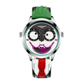 KIMSDUN JSD1212B Live Edition Men's Joker Face Dual Eye Quartz Watch - 42mm Silver Case Animated Discs Leather Band Wristwatch