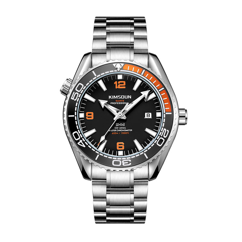 JEMSDUN JSD1803 Live Edition Men's Planet Ocean Style Diver Quartz Watch - 44mm Silver Case Orange & Black Bezel Luminous Dial 3H Date Metal Band Wristwatch