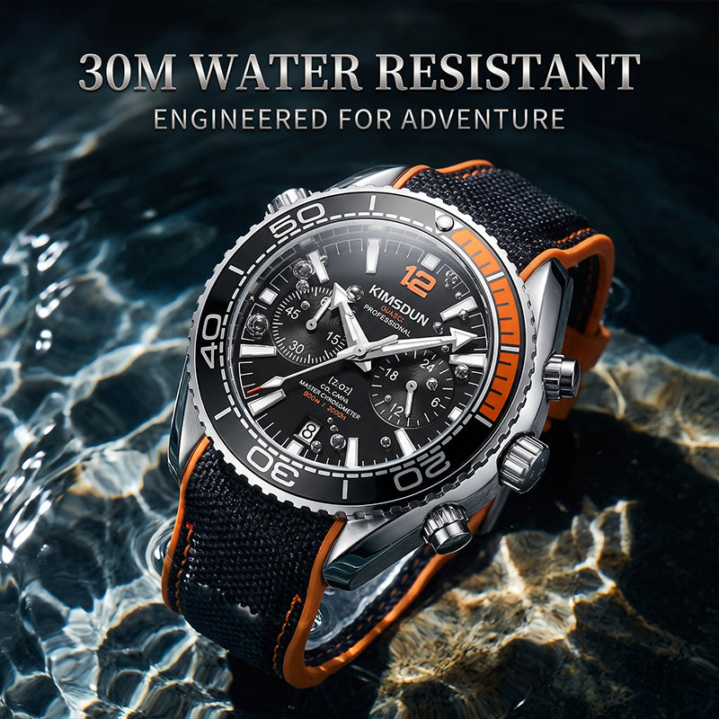 KIMSDUN JSD1804 Live Edition Men's Rotatable Bezel Diver Chrono Quartz Watch - 44mm Silver Case Black Dial 6H Date Silicone Strap Wristwatch