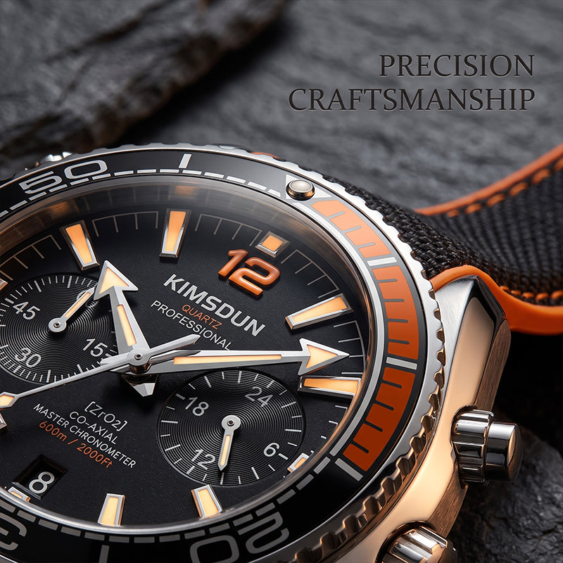 KIMSDUN JSD1804 Live Edition Men's Rotatable Bezel Diver Chrono Quartz Watch - 44mm Silver Case Black Dial 6H Date Silicone Strap Wristwatch