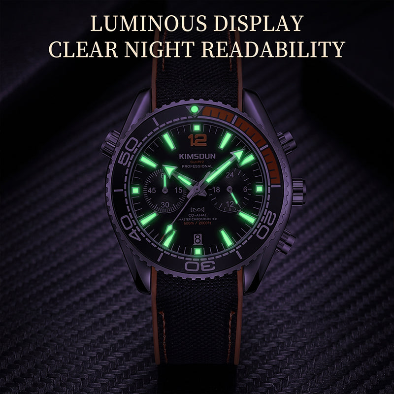 KIMSDUN JSD1804 Live Edition Men's Rotatable Bezel Diver Chrono Quartz Watch - 44mm Silver Case Black Dial 6H Date Silicone Strap Wristwatch