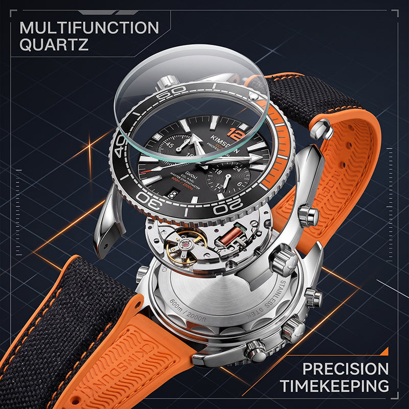 KIMSDUN JSD1804 Live Edition Men's Rotatable Bezel Diver Chrono Quartz Watch - 44mm Silver Case Black Dial 6H Date Silicone Strap Wristwatch