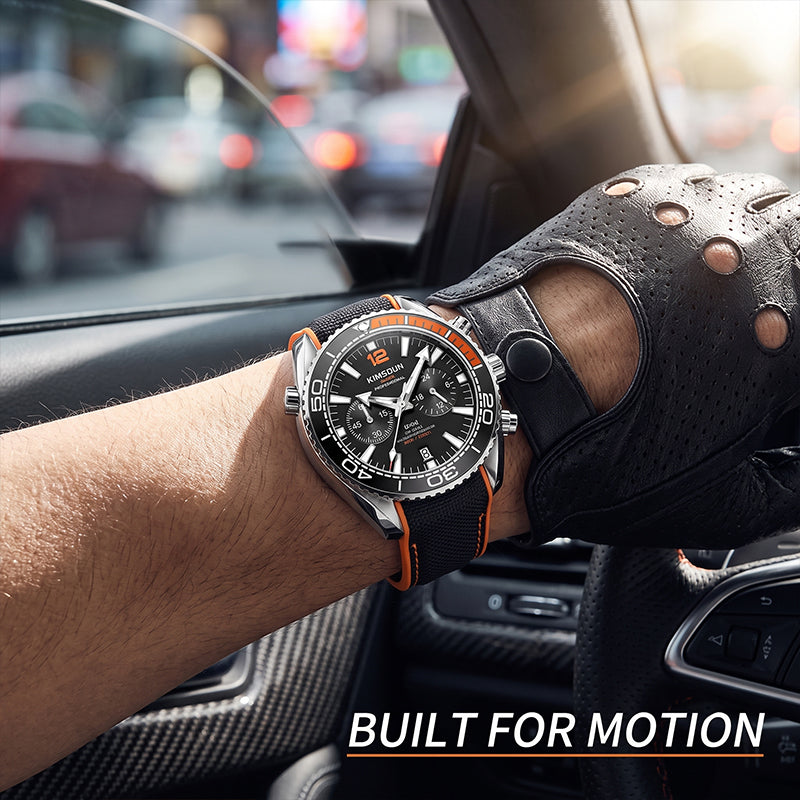 KIMSDUN JSD1804 Live Edition Men's Rotatable Bezel Diver Chrono Quartz Watch - 44mm Silver Case Black Dial 6H Date Silicone Strap Wristwatch
