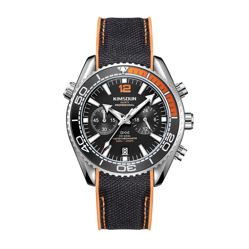 KIMSDUN JSD1804 Live Edition Men's Rotatable Bezel Diver Chrono Quartz Watch - 44mm Silver Case Black Dial 6H Date Silicone Strap Wristwatch