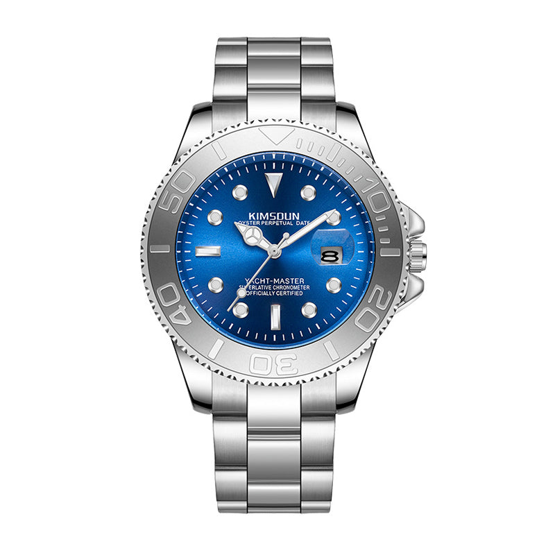 JEMSDUN JSD1818 Live Edition Men's Yacht-Master Style Quartz Watch - 43mm Rotating Relief Bezel Crystal Marker Dial 3H Date Cyclops Lens Metal Wristwatch