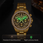 KIMSDUN JSD1833 Live Edition Men's Baguette Bezel Chronograph Quartz Watch - 42mm Gold Case Filigree Diamond Dial 24H Subdials Metal Band Wristwatch
