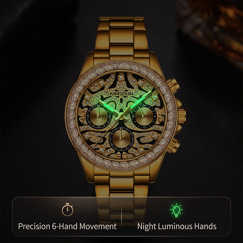 KIMSDUN JSD1833 Live Edition Men's Baguette Bezel Chronograph Quartz Watch - 42mm Gold Case Filigree Diamond Dial 24H Subdials Metal Band Wristwatch