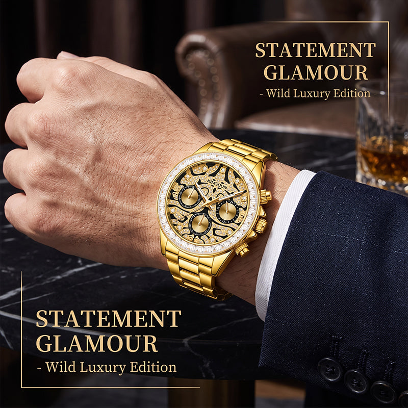 KIMSDUN JSD1833 Live Edition Men's Baguette Bezel Chronograph Quartz Watch - 42mm Gold Case Filigree Diamond Dial 24H Subdials Metal Band Wristwatch