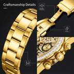 KIMSDUN JSD1833 Live Edition Men's Baguette Bezel Chronograph Quartz Watch - 42mm Gold Case Filigree Diamond Dial 24H Subdials Metal Band Wristwatch