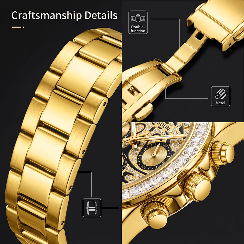 KIMSDUN JSD1833 Live Edition Men's Baguette Bezel Chronograph Quartz Watch - 42mm Gold Case Filigree Diamond Dial 24H Subdials Metal Band Wristwatch