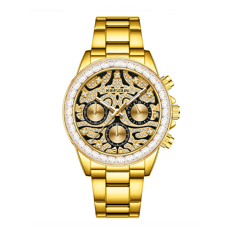 KIMSDUN JSD1833 Live Edition Men's Baguette Bezel Chronograph Quartz Watch - 42mm Gold Case Filigree Diamond Dial 24H Subdials Metal Band Wristwatch