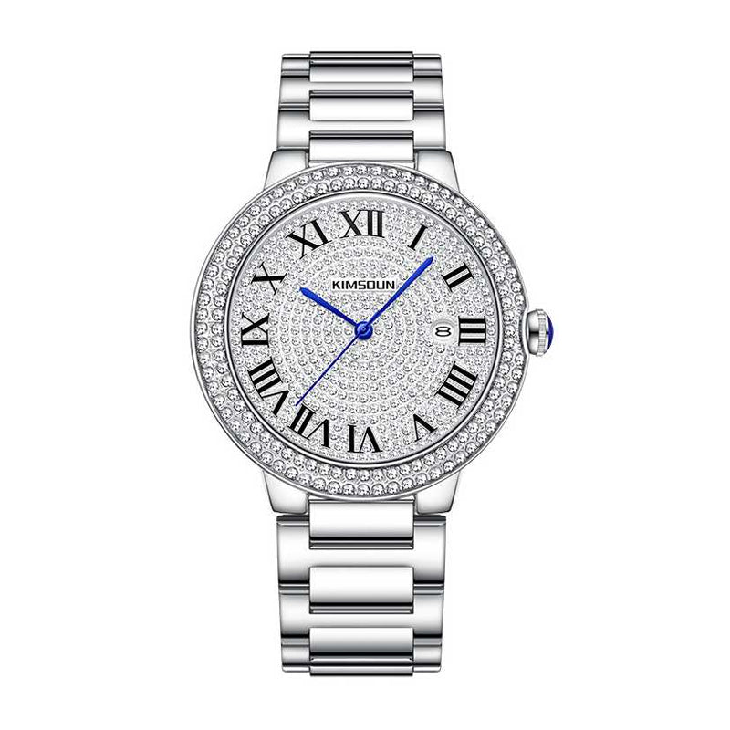 KIMSDUN JSD1837 Live Edition Men's Diamond Pave Calendar Quartz Watch - 41mm Case Roman Numerals 3H Date Blued Hands Stainless Steel Bracelet Wristwatch