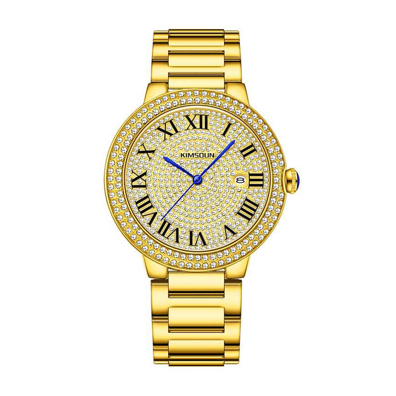 KIMSDUN JSD1837 Live Edition Men's Diamond Pave Calendar Quartz Watch - 41mm Case Roman Numerals 3H Date Blued Hands Stainless Steel Bracelet Wristwatch