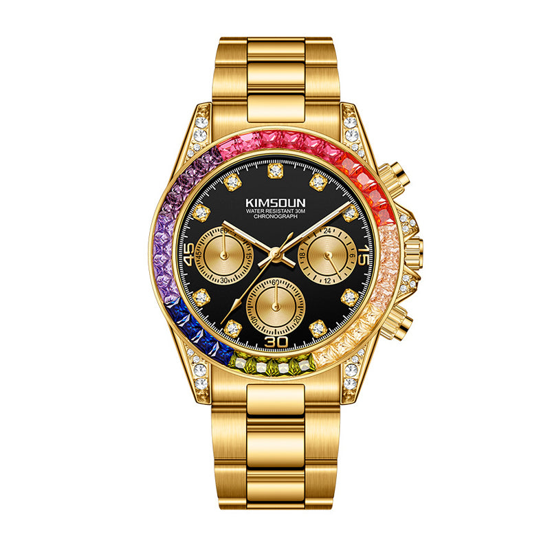 JEMSDUN JSD1838 Live Edition Men's Rainbow Daytona Style Chronograph Quartz Watch - 40mm Gold Case Rainbow Baguette Crystal Bezel Black Dial Metal Band Wristwatch