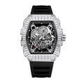 JEMSDUN JSD2406 Live Edition Men's High-Street Quartz Watch - 51x44mm Silver Case Baguette Crystal Bezel Mechanical Skeleton Dial Silicone Strap Wristwatch