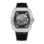 JEMSDUN JSD2406 Live Edition Men's High-Street Quartz Watch - 51x44mm Silver Case Baguette Crystal Bezel Mechanical Skeleton Dial Silicone Strap Wristwatch
