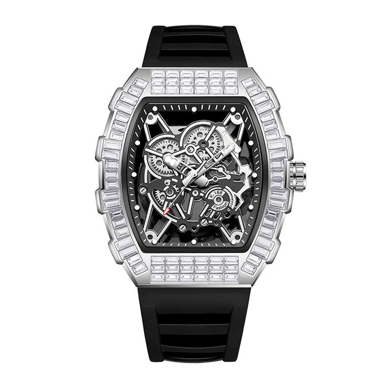 JEMSDUN JSD2406 Live Edition Men's High-Street Quartz Watch - 51x44mm Silver Case Baguette Crystal Bezel Mechanical Skeleton Dial Silicone Strap Wristwatch