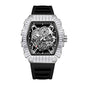 JEMSDUN JSD2406 Live Edition Men's High-Street Quartz Watch - 51x44mm Silver Case Baguette Crystal Bezel Mechanical Skeleton Dial Silicone Strap Wristwatch