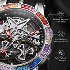 JEMSDUN JSD607 Live Edition Men's Rainbow Baguette Bezel Dual Tourbillon Style Skeleton Quartz Watch - 45mm Silver Case Convex Crystal Silicone Strap Wristwatch