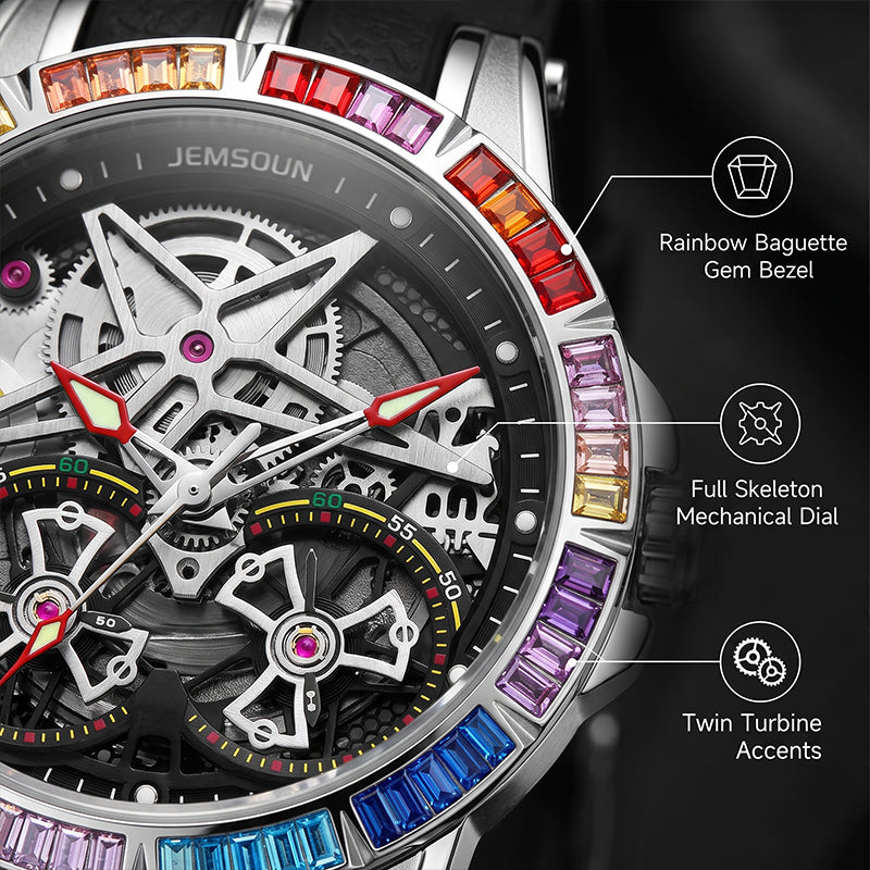 JEMSDUN JSD607 Live Edition Men's Rainbow Baguette Bezel Dual Tourbillon Style Skeleton Quartz Watch - 45mm Silver Case Convex Crystal Silicone Strap Wristwatch