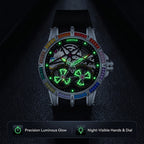 JEMSDUN JSD607 Live Edition Men's Rainbow Baguette Bezel Dual Tourbillon Style Skeleton Quartz Watch - 45mm Silver Case Convex Crystal Silicone Strap Wristwatch