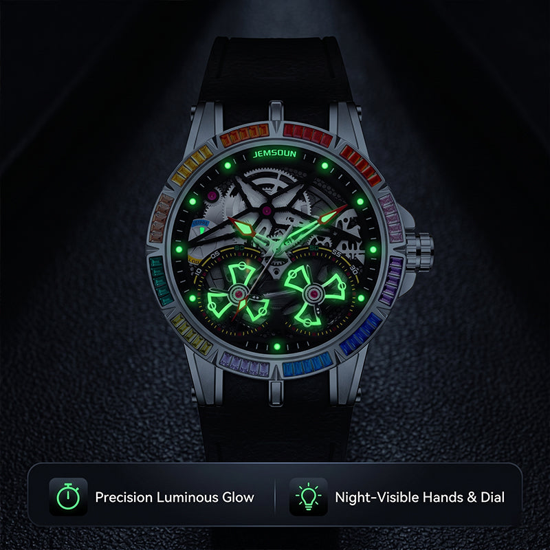 JEMSDUN JSD607 Live Edition Men's Rainbow Baguette Bezel Dual Tourbillon Style Skeleton Quartz Watch - 45mm Silver Case Convex Crystal Silicone Strap Wristwatch