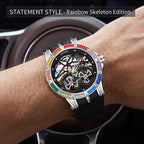 JEMSDUN JSD607 Live Edition Men's Rainbow Baguette Bezel Dual Tourbillon Style Skeleton Quartz Watch - 45mm Silver Case Convex Crystal Silicone Strap Wristwatch