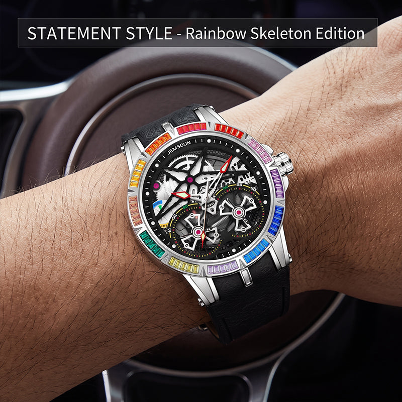 JEMSDUN JSD607 Live Edition Men's Rainbow Baguette Bezel Dual Tourbillon Style Skeleton Quartz Watch - 45mm Silver Case Convex Crystal Silicone Strap Wristwatch