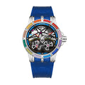 JEMSDUN JSD607 Live Edition Men's Rainbow Baguette Bezel Dual Tourbillon Style Skeleton Quartz Watch - 45mm Silver Case Convex Crystal Silicone Strap Wristwatch