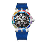 JEMSDUN JSD607 Live Edition Men's Rainbow Baguette Bezel Dual Tourbillon Style Skeleton Quartz Watch - 45mm Silver Case Convex Crystal Silicone Strap Wristwatch