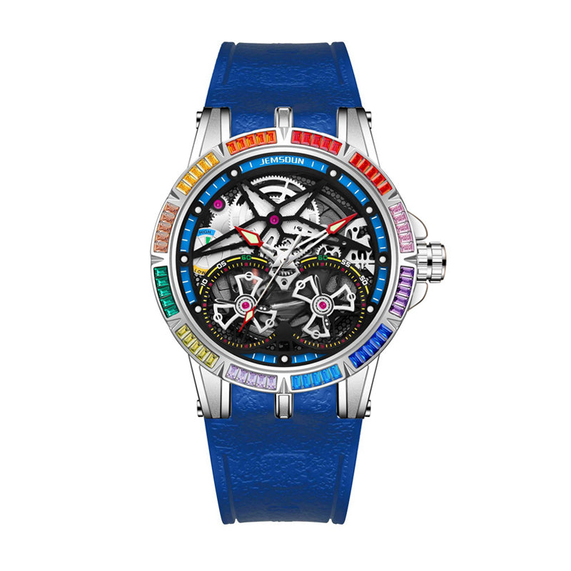 JEMSDUN JSD607 Live Edition Men's Rainbow Baguette Bezel Dual Tourbillon Style Skeleton Quartz Watch - 45mm Silver Case Convex Crystal Silicone Strap Wristwatch
